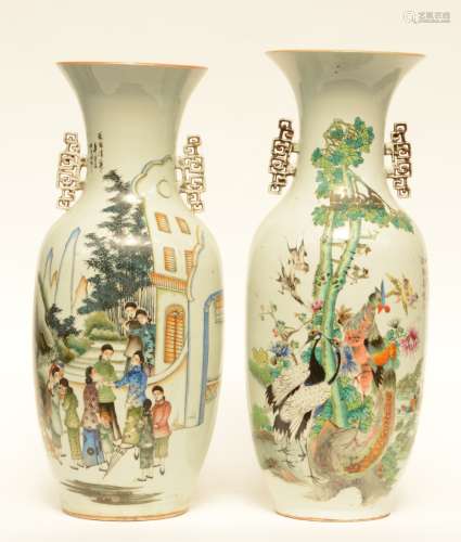 Two Chinese polychrome vases, one on both sides decorated with birds and flower branches, one decorated with an animated scene, one signed, H 57,5 - 59 cm