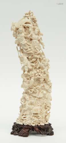 A Chinese ivory carved tusk on a wooden base, ca. 1900, H 46 cm