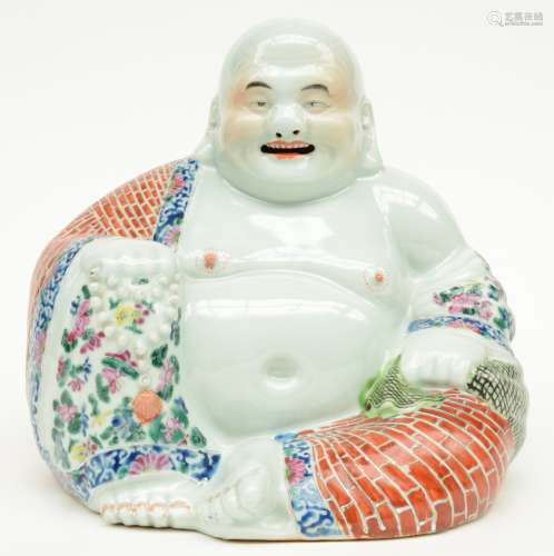 A Chinese laughing Buddai, polychrome decorated, marked, ca. 1900, H 25,5 cm