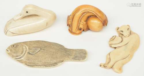 Four late Edo/early Meiji period Japanese ivory katabori-netsuke, in the form of fish, a duck and a fox, H 8,2cm, Total weight 82g
