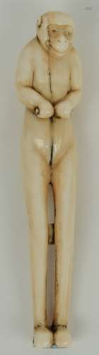 A late Edo period Japanese ivory shashi-netsuke, in the form of a monkey, H 12,8cm, Total weight 33g