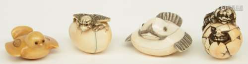 Four exceptional Edo period Japanese ivory katabori-netsuke, two in the form of little chicken, one in the form of a playing Shishi and one in the form of a kappa crawling out of an egg, 18thC, H 4,4cm, Total weight 102g