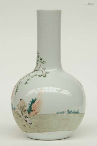A Chinese polychrome bottle vase, decorated with children playing in a garden, marked Qianlong, H 44,5 cm