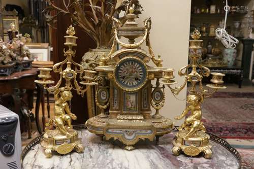 Late 19th C. French Bronze and Porcelain Clock Set