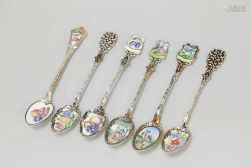 Six Enameled Spoons w/ High Quality Objects