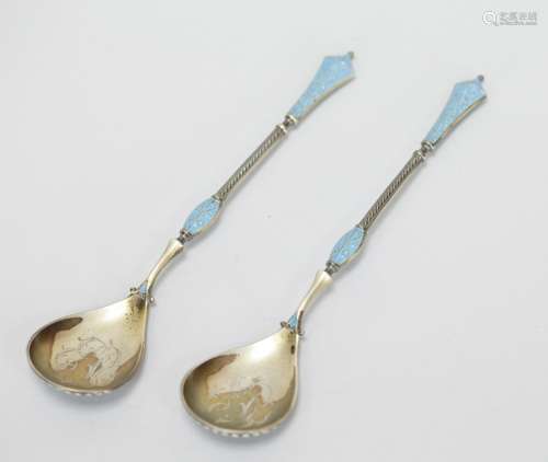 Two Scandinavion Silver Blue Enameled Spoons