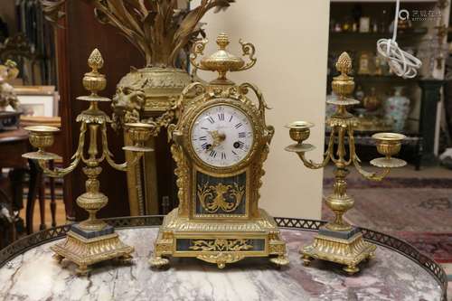 French 1920's Bronze and Marble Clock Set