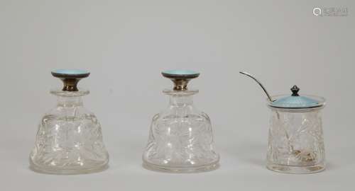 Set of Three Perfumer Bottles w/ Enamel Tops