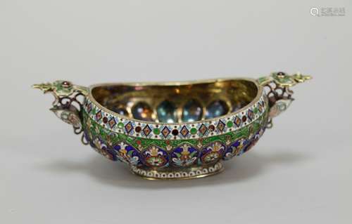 19/20th C. Russian Enameled Silver Kovsh, Marked