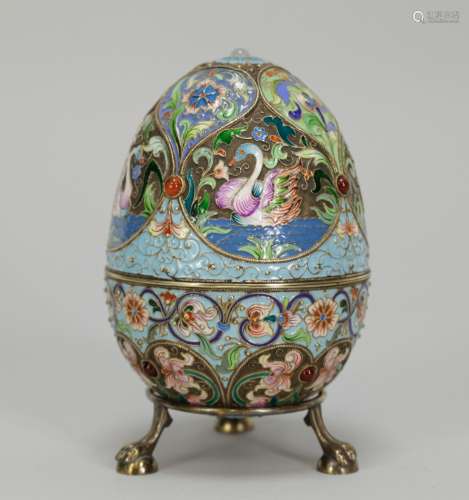 Russian Enamel Silver Egg Decorative, Marked 84