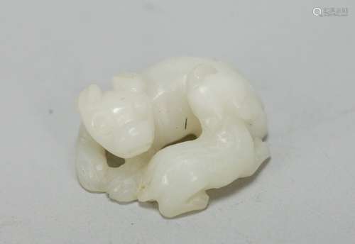 Chinese White Jade Carved of Two Animals w/ Russet