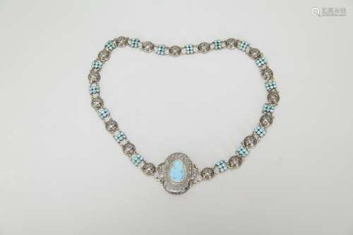 Russian Niello Silver Turquoise Inlaid Necklace