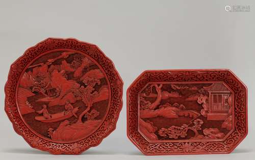 Two Pieces of Chinese Cinnabar Carvings