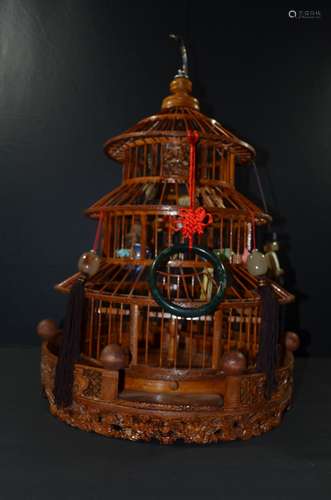 Antique Chinese Wood Bird Cage with Agate