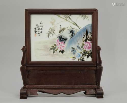 Chinese Famille Rose Porcelain Plaque w/ Stand