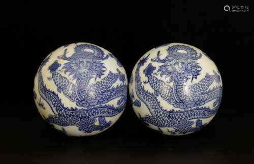 Pair of Chinese Blue/White Porcelain Balls