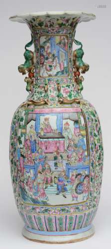 A fine Chinese famille rose vase decorated with court scenes, relief decoration, 19thC, H 87,5 cm (chips on the rim, firing fault on the bottom inside)