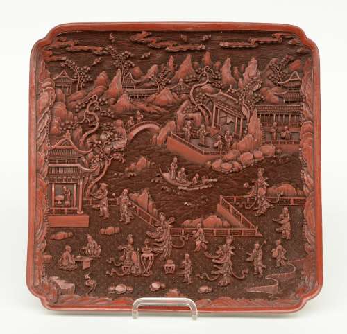 A Chinese quadrangular red lacquer dish, marked Qianlong, 32 x 32 cm