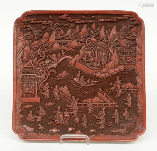 A Chinese quadrangular red lacquer dish, marked Qianlong, 32 x 32 cm