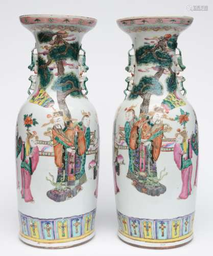 An exceptional pair of Chinese famille rose vases, overall decorated with Immortals, 19thC, H 60 cm