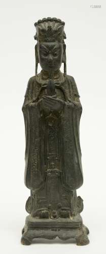 A Chinese bronze figure depicting a dignitary, probably Ming, H 33,5 cm (minor damage)