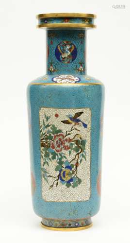 A rare Chinese cloisonné rouleau shaped vase, decorated with birds on flower branches, phoenixes and antiquities, early 19thC, H 60 cm (damage on the enamel and perforation of the bottom)
