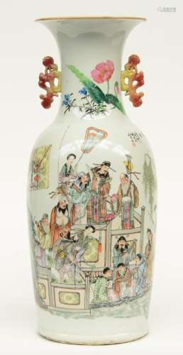 A fine Chinese polychrome decorated vase, one side with the Eight Immortals, the other side with flower branches and a pumpkin, signed, 19thC, H 59 cm