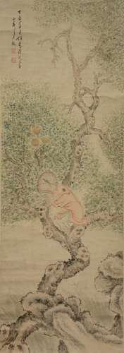A Chinese scroll painting, watercolor on paper, depicting a young boy in a tree, 19thC, 37 x 102,5 cm