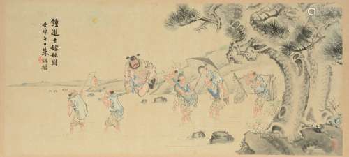 A Chinese watercolor on paper, depicting an animated scene, marked and signed, 51,5 x 113,5 cm (paper with minor damage)