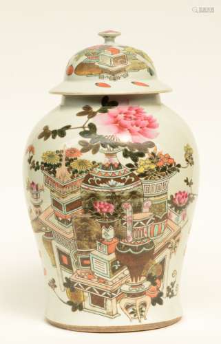 A Chinese famille rose vase and cover, decorated with vases of flowers and antiquities, 19thC, H 42 cm