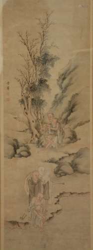 A Chinese watercolor on paper, painted with an animated scene, marked, 19thC, 32,5 x 129 cm