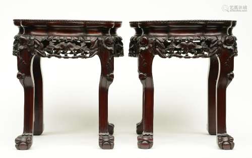 A pair of Chinese carved wooden stools with marble top, H 46 - W 41 - D 41 cm