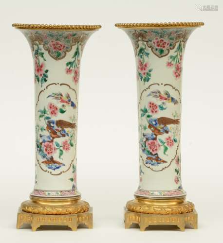 A pair of Chinese famille rose vases, decorated with birds and flower branches, with gilt brass mounts, H 38,5 - 39 - Diameter 17 cm