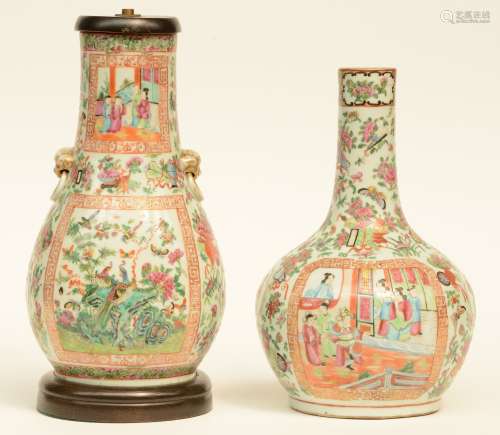 A Chinese Kanton bottle vase and pear shaped vase, famille rose, decorated with court scenes, 19thC, H 34 - 38,5 cm (one vase mounted into a lamp)