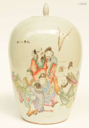 A Chinese polychrome ginger pot and cover, decorated with the Eight Immortals, 19thC, H 34,5 cm (some minor cracks, only visible on the inside)