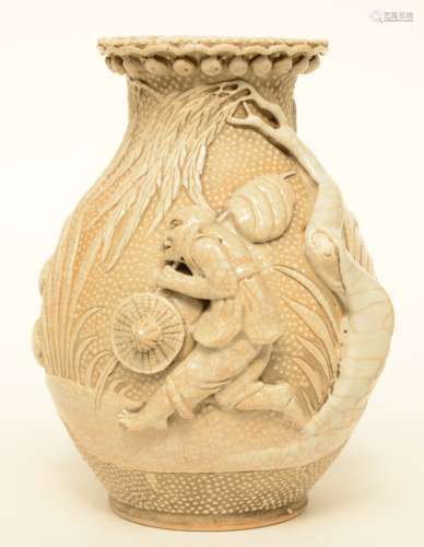 A Chinese relief moulded stoneware vase, marked, ca. 1900, H 26,5 cm