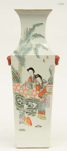 A Chinese quadrangular polychrome vase, decorated one side with ladies and children in a garden, the other side with figures in a mountanious river landscape, signed, H 58 cm (chip on the rim)