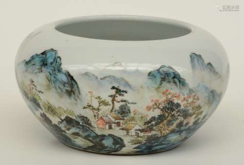 A Chinese polychrome bowl, decorated with figures in a river-mountain landscape, signed, 20thC, H 14 - Diameter 26,5 cm