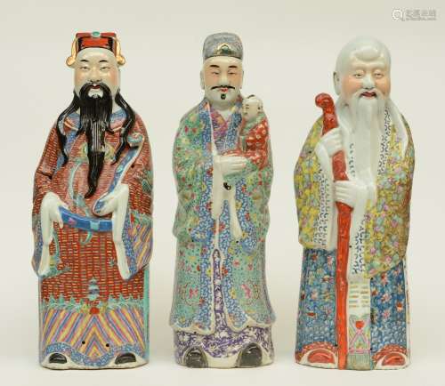 Three Chinese polychrome decorated 'Fu Lu Shou Shing' figures, marked, ca 1900, H 60 - 61,5 cm (Shou with firing crack on the back, chips)
