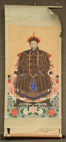 A Chinese ancestor portrait, watercolor on paper, 19thC, 76,5x163,5 cm (damage)