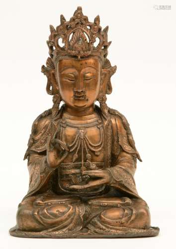 A Chinese seated bronze Buddha, Ming dynasty, H 33,5 - D 15,5 cm