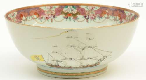 A rare Chinese export porcelain famille rose bowl, decorated on both sides with a vessel bearing the Austrian-Hungarian naval ensign (possibly a vessel from the Ostend Company?), first half 18thC, H 14,5 - Diameter 34 (some restorations on the rim)