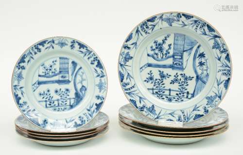 Ten Chinese blue and white dishes, decorated with floral motifs and gardens, 18thC, Diameter 22,5 - 27 cm (hairline and chips on the the rim)