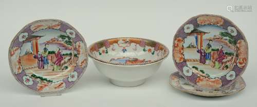 A Chinese famille rose - Mandarin bowl and three ditto dishes, decorated with animated scenes, 18thC, H 10,5 - Diameter 23 - 26 cm (chips on the rim)