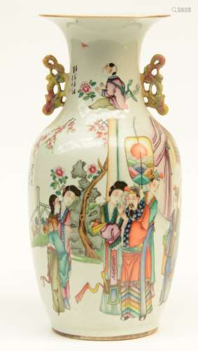 A Chinese polychrome vase, decorated on both sides, 19thC, H 43 cm