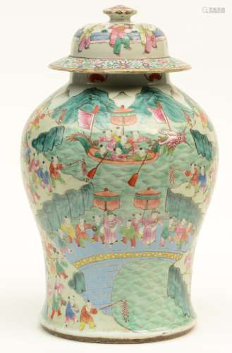 A Chinese famille rose vase with cover, decorated with animated scenes, 19thC, H 42 cm (chips on the rim of the lid)