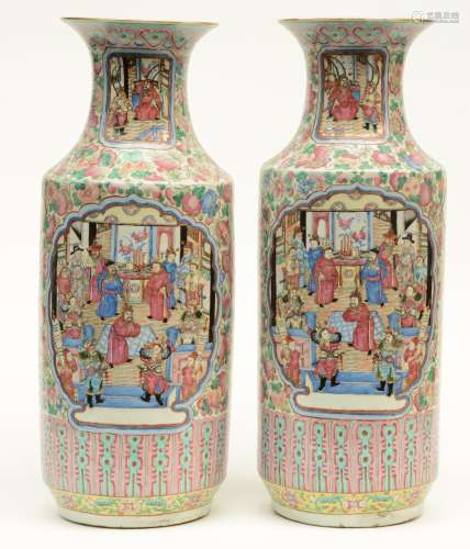 A fine pair of Chinese famille rose vases, decorated with a court- and a warrior scene, 19thC, H 61,5 - 62 cm