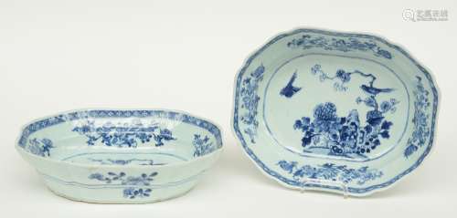 Two Chinese blue and white vegetable dishes, decorated with birds and flower branches, 18thC, H 8 - W 30 - D 24 cm (one bowl damaged)