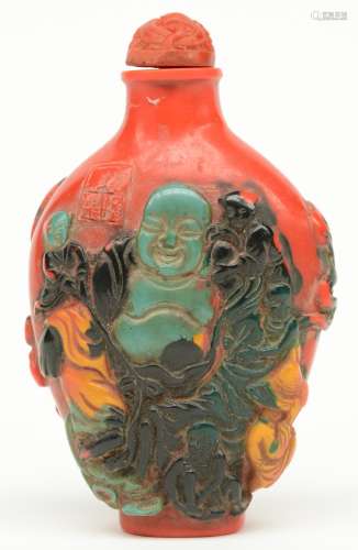 A Chinese snuff bottle, overall relief moulded with Budai, marked, H 11,5 cm