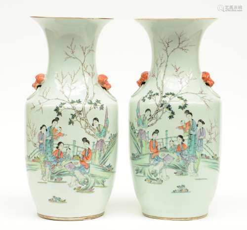 A pair of Chinese polychroom vases, decorated with court ladies and children in a garden, H 43 cm